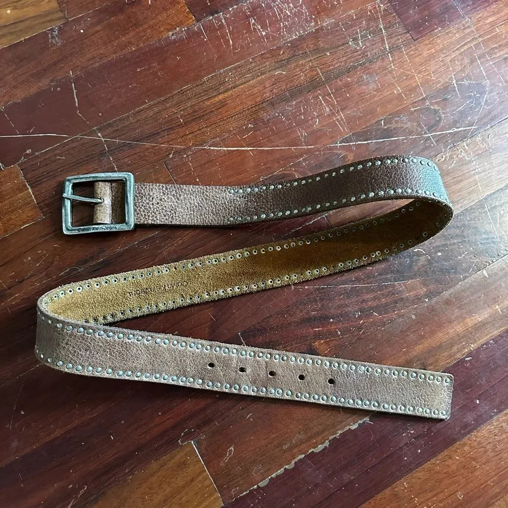 Calvin Klein Jeans Brown Studded Leather Belt Size Large